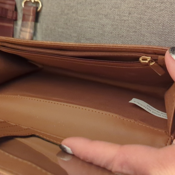 EUC Cato Satchel & wallet in brown w/ maroon, olive & tan plaid accents. - Picture 4 of 7